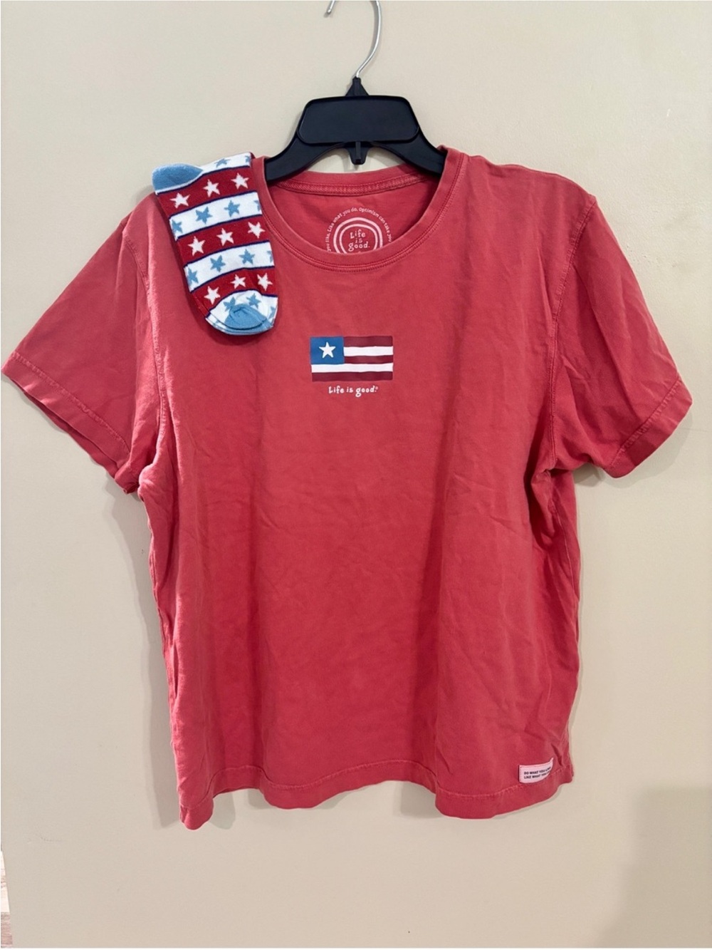 Life Is Good Coral Red Flag Logo Tee with Patriotic Socks